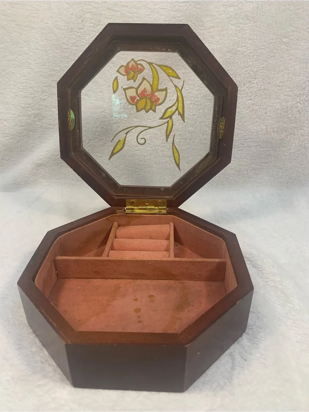 Cottagecore Grandma Octagonal Brown Floral Glass Jewelry Box - Velvet Inside